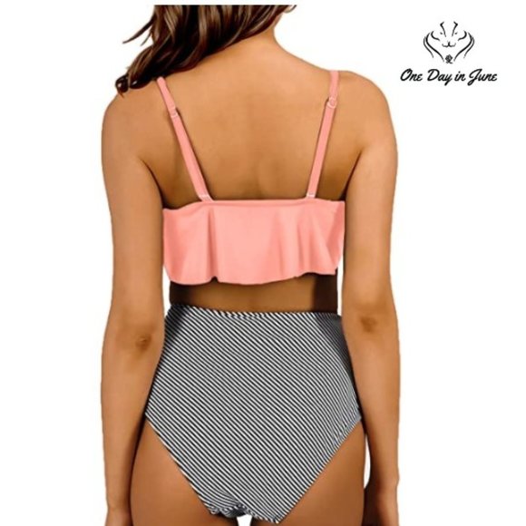 Halter Neck Flounce Ruched High Waist Bikini - Picture 2 of 3